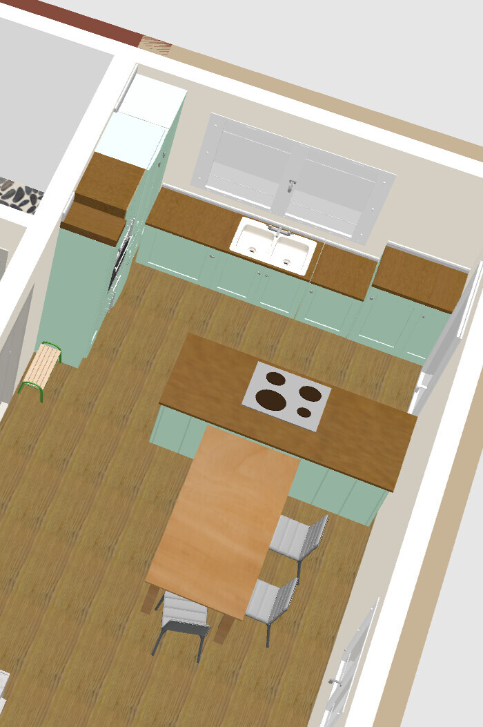 3D-Küchenlayout mit Kochinsel, Spüle und Esstisch in offener Küche