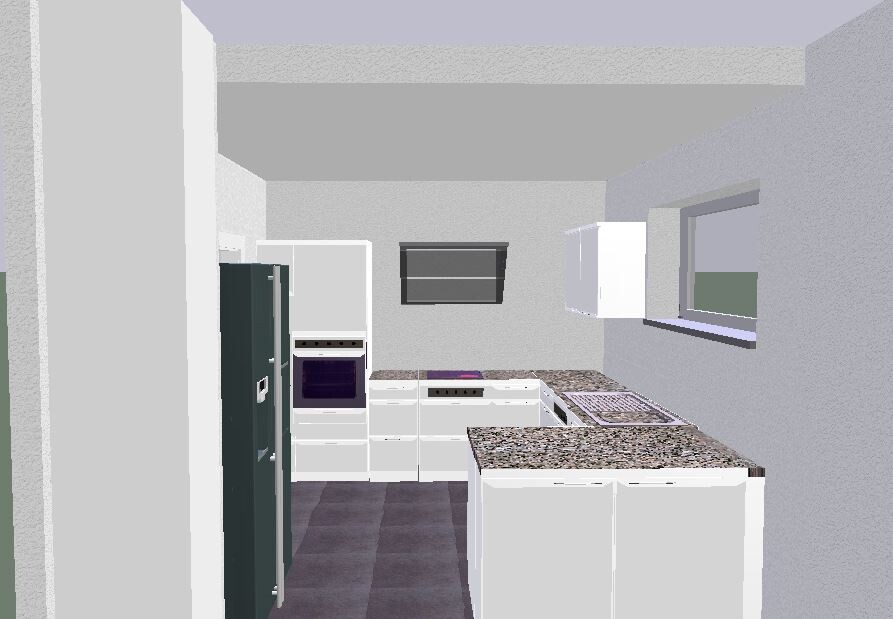 3D-Küche mit weißen Schränken, Granit-Arbeitsplatten und Ofen in der Küchenzeile