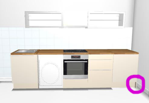 3D-Küche mit Holz-Arbeitsplatte, Ofen, Spülmaschine und Unterschränken