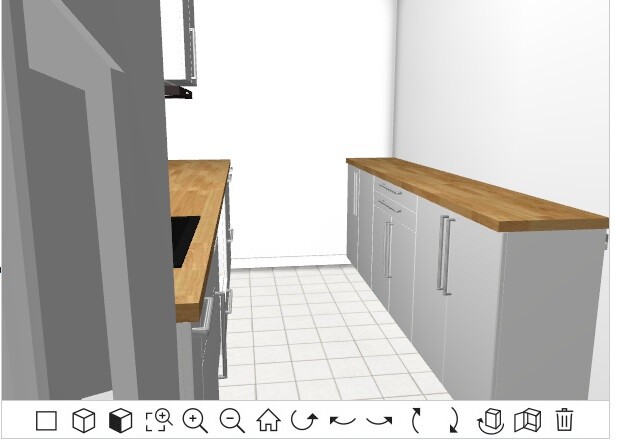 3D-Küche mit Holz-Arbeitsplatten und weißen Unterschränken