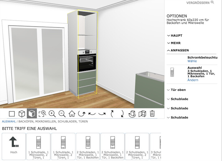 3D-Küchenlayout: Hoher Schrank mit Backofen und Mikrowelle vor Holzfußboden.