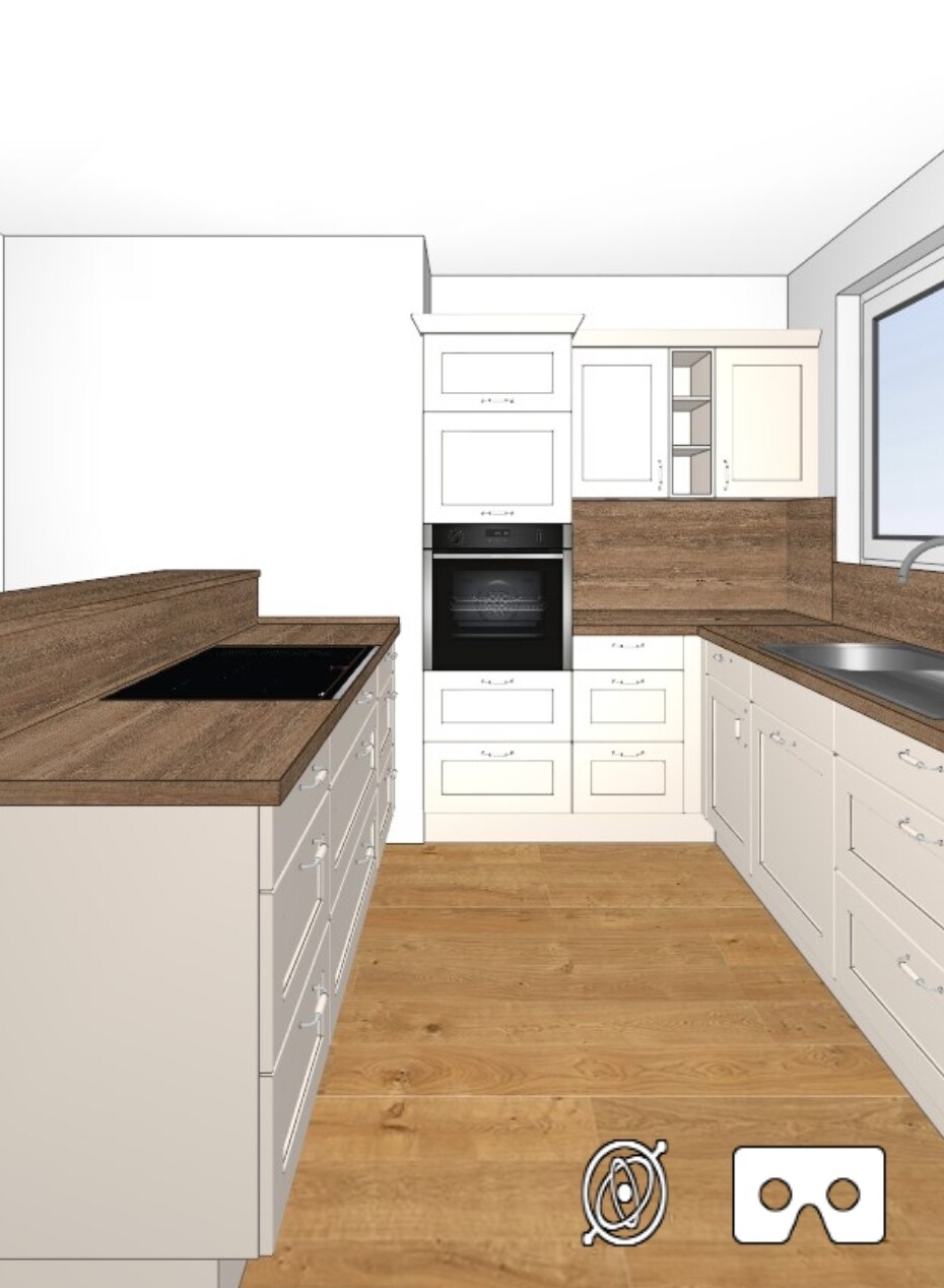 Küche mit weißen Schränken, Holz-Arbeitsplatten, Backofen, Spüle und Fenster.