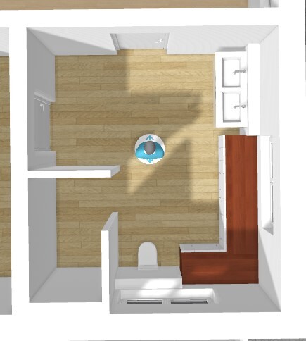 3D-Küchen-Grundriss von oben mit Spüle rechts und Holzboden.