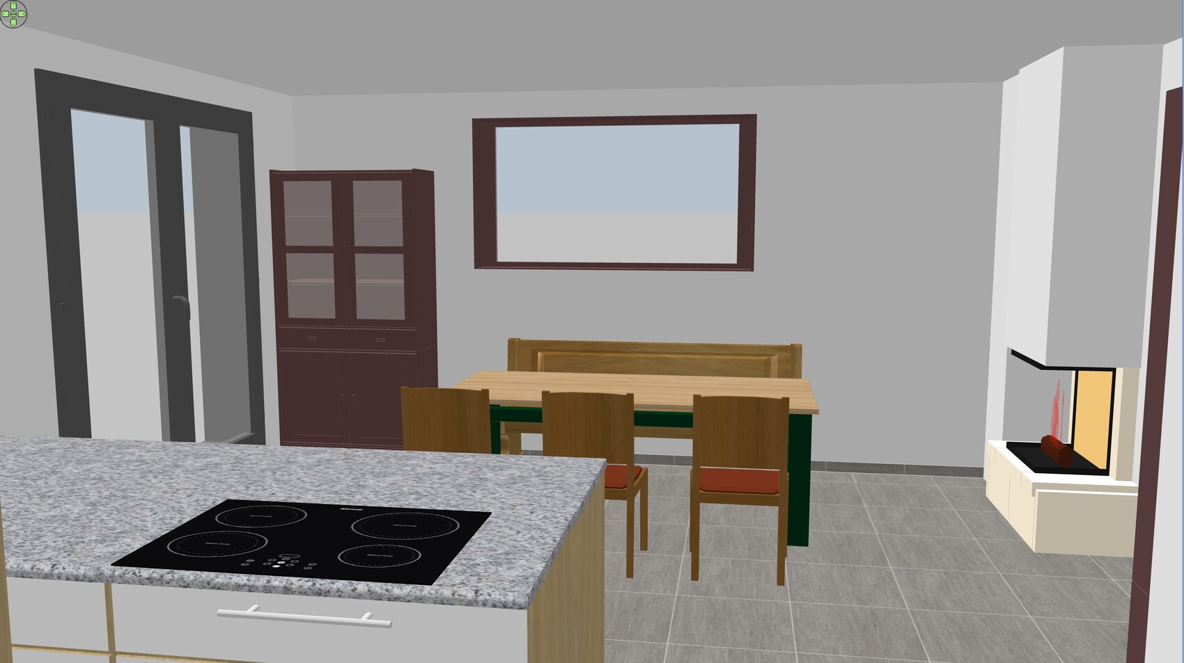 3D-Küche mit Insel, Esstisch und Kamin in offener Wohnküche.