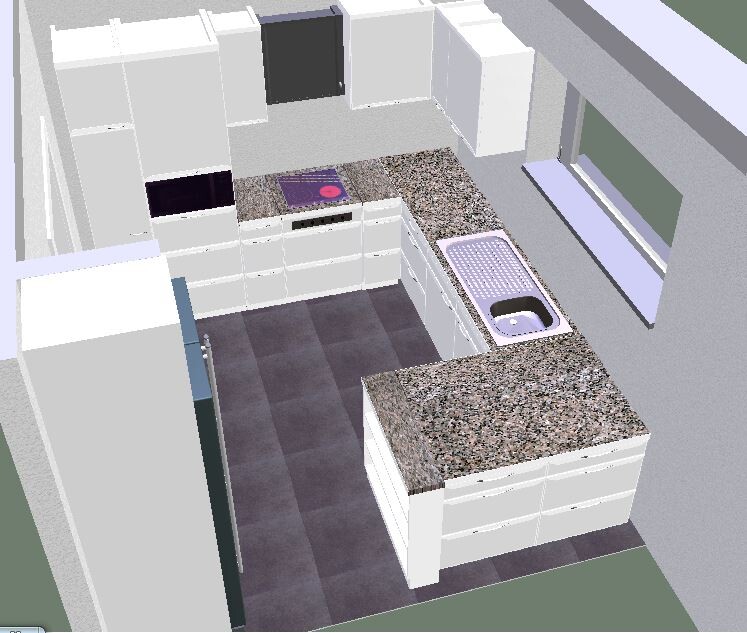 3D-Küchenlayout mit Insel, Spüle, Herd, weißen Schränken und Fenster.
