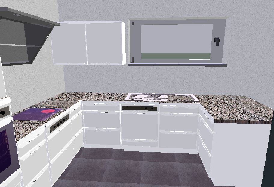 3D-Kuechenrender mit weißen Schränken, Granitplatten, Herd, Ofen, Spülmaschine und Fenster