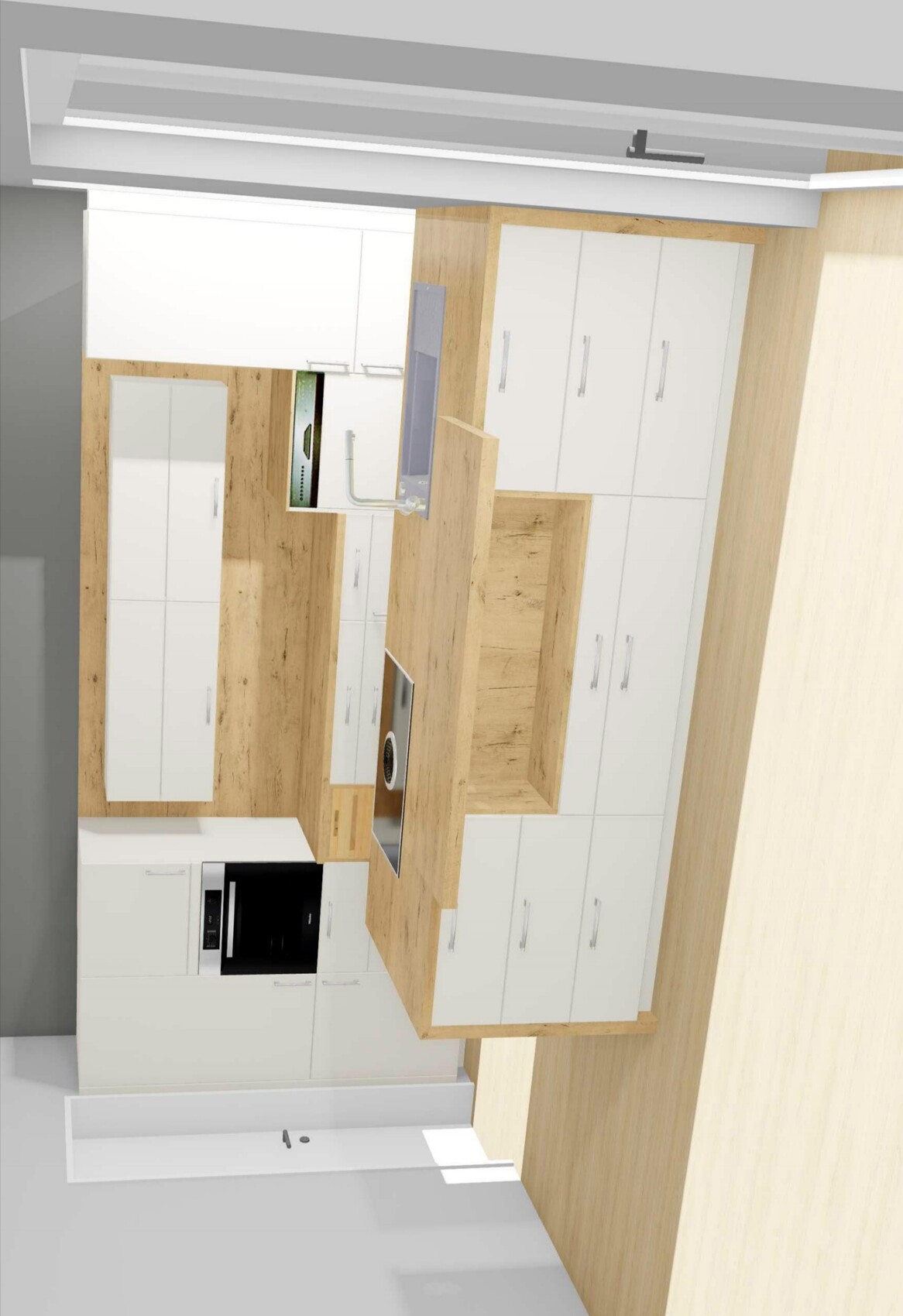 3D-Ansicht einer modernen Kueche mit weißen Schränken, Holzkuecheninsel und Backofen