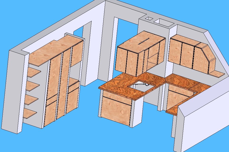 Isometrische Küche mit Holzmöbeln: Schränke, Arbeitsplatten, Spüle, Insel und Eckschränke.