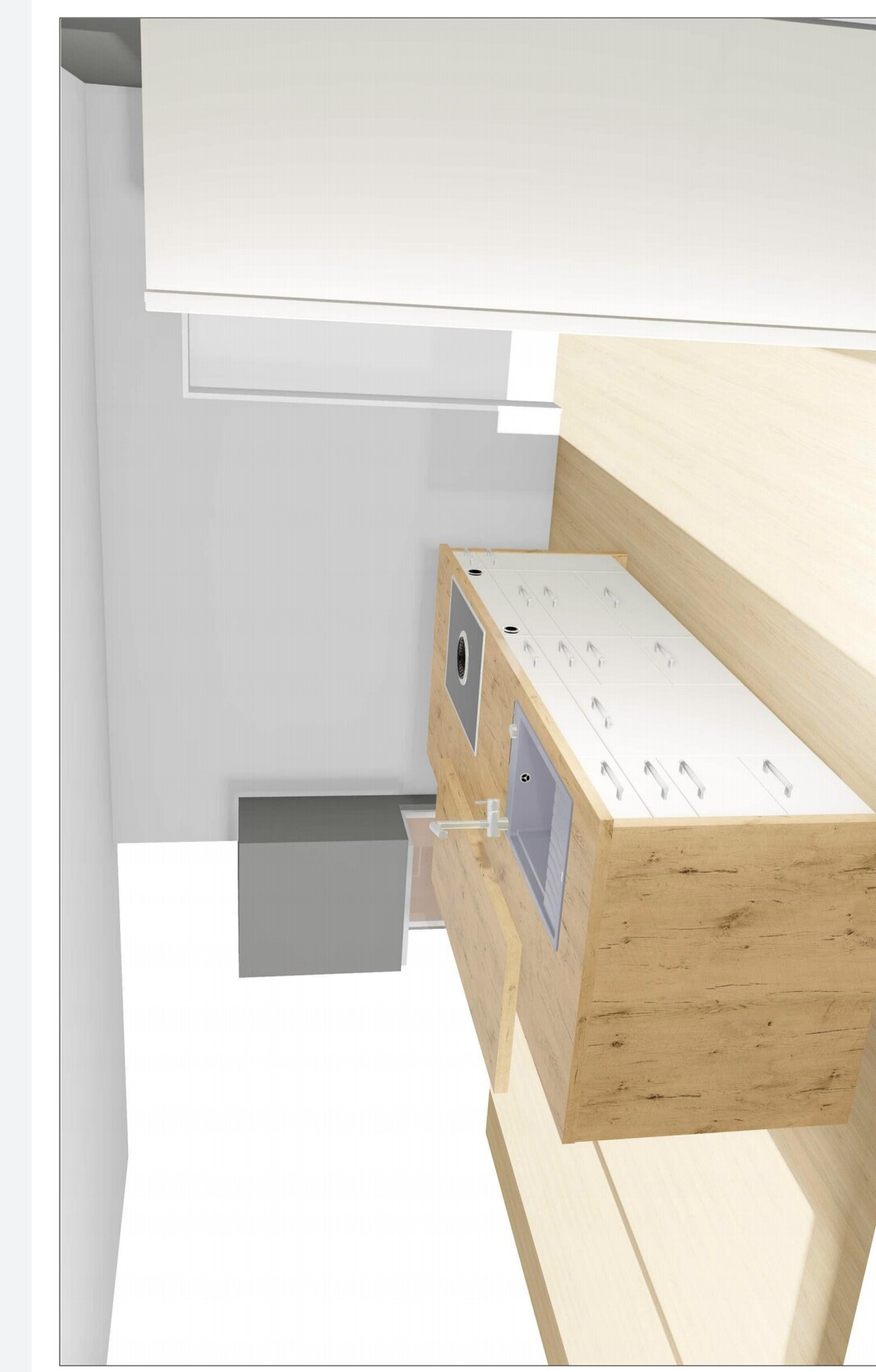 Moderne 3D-Küche mit Holzinsel, Spüle und Herd