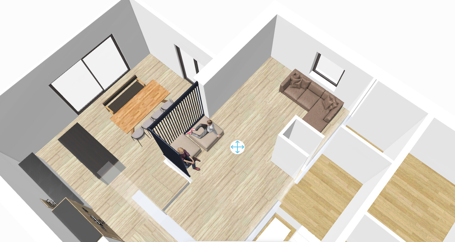 Offener 3D-Wwohnbereich mit Küche, Esstisch, Sofa und Trennwand auf hellem Holzboden.