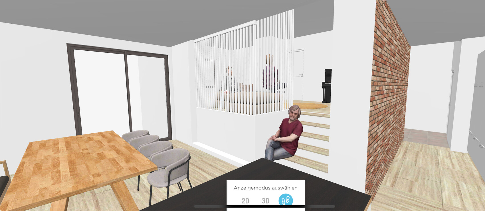 3D-Innenansicht: offenes Esszimmer mit Holztisch, Stühlen und Treppenbereich.