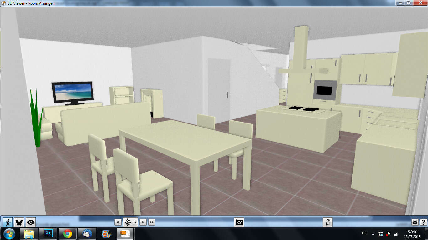 Offenes Wohnzimmer mit Esstisch und Stühlen, TV, Kücheninsel mit Herd/Backofen.