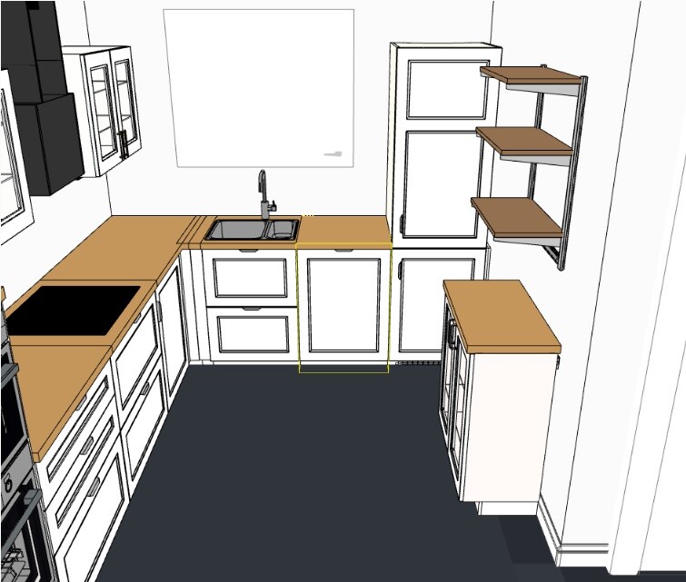 3D-Küchenrendering mit Spüle, Arbeitsplatten und Schränken