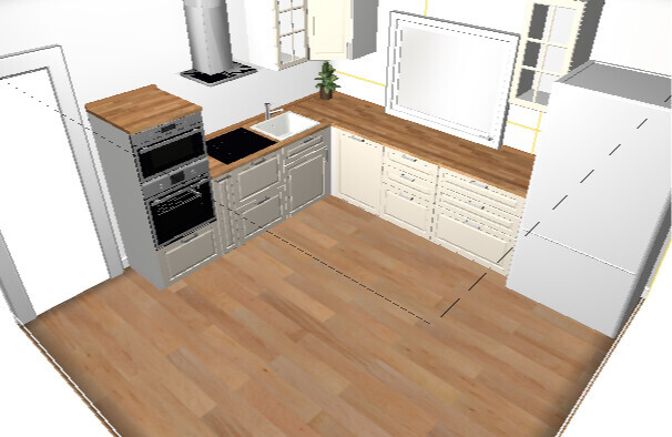 3D-Küche mit Holz-Arbeitsplatte, Spüle, Herd und Kühlschrank