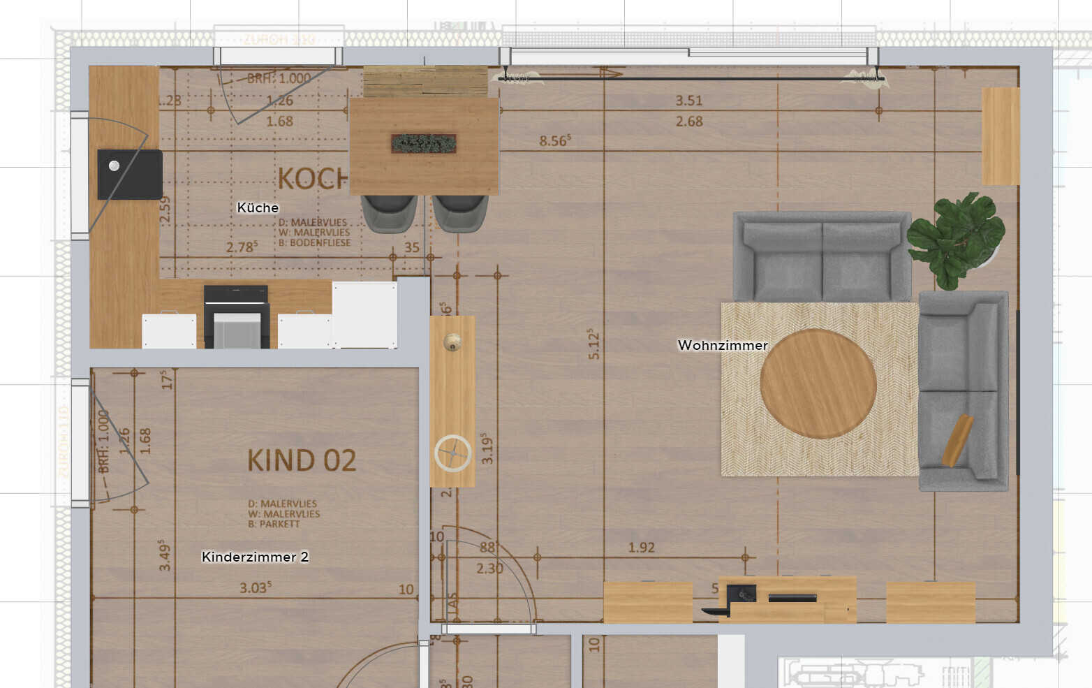 Grundriss eines offenen Wohn- und Küchenbereichs mit Esstisch, Sofa, Pflanze und Kinderzimmer.