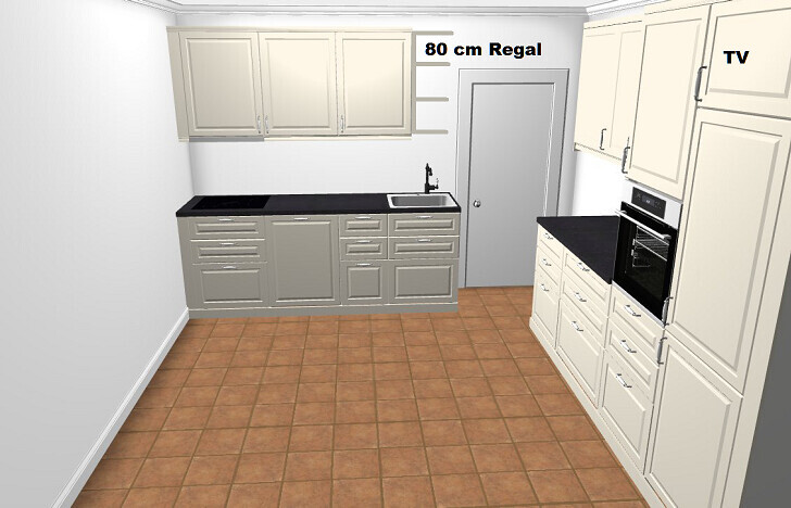 Küche mit hellen Schränken, schwarzen Arbeitsplatten, Spüle links, Backofen rechts, Fliesenboden.