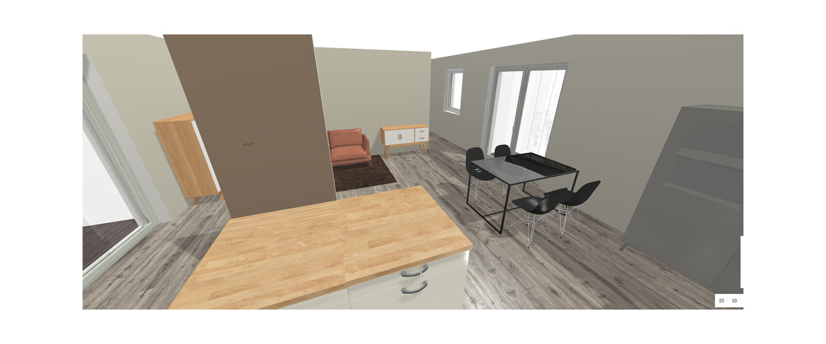 Offene Wohnküche mit Kücheninsel, Esstisch und Stühlen, Sofa, Sideboard, Holzboden.