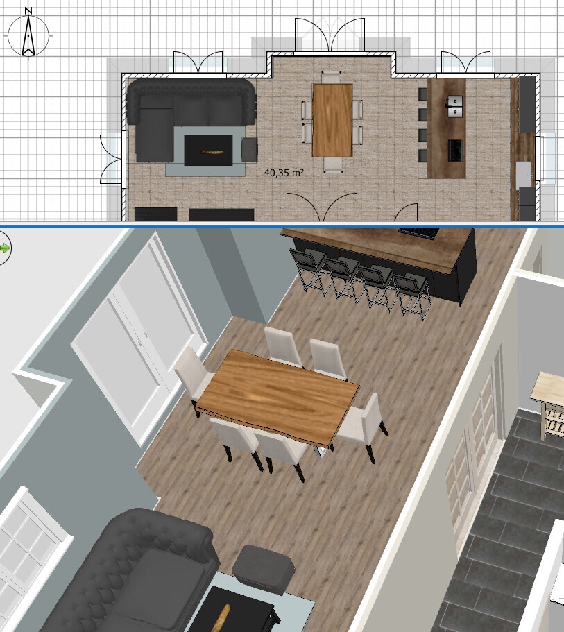 Offener Wohn- und Essbereich mit Couch, Kamin, Esstisch und Kücheninsel; Grundriss- und 3D-Ansicht