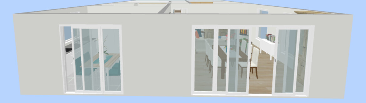 3D-Ansicht eines Hauses mit Glas-Schiebetüren: links Küche, rechts Esstisch mit Stühlen.