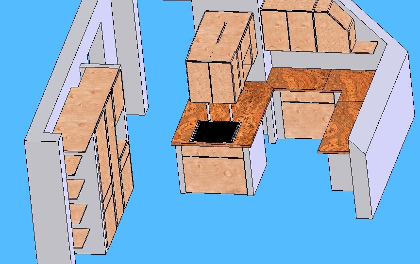 3D-Küchenlayout mit Insel, Kochfeld und Holzschränken