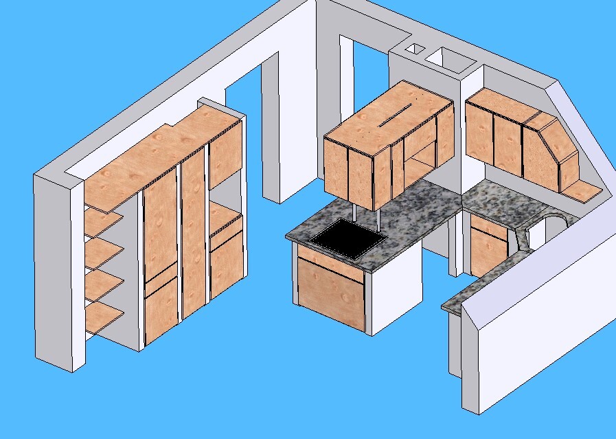 Isometrische Küche mit Holzmöbeln, Arbeitsplatten, Insel mit Kochfeld und Spüle.