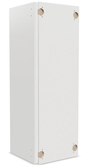 Zwei weiße Seitenwände eines Schranks mit Bohrlöchern an den Ecken.
