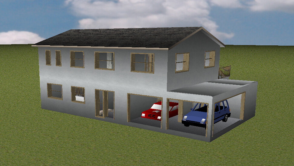 Zweistöckiges Haus mit Carport; roter und blauer Wagen stehen in offenen Garagenboxen.