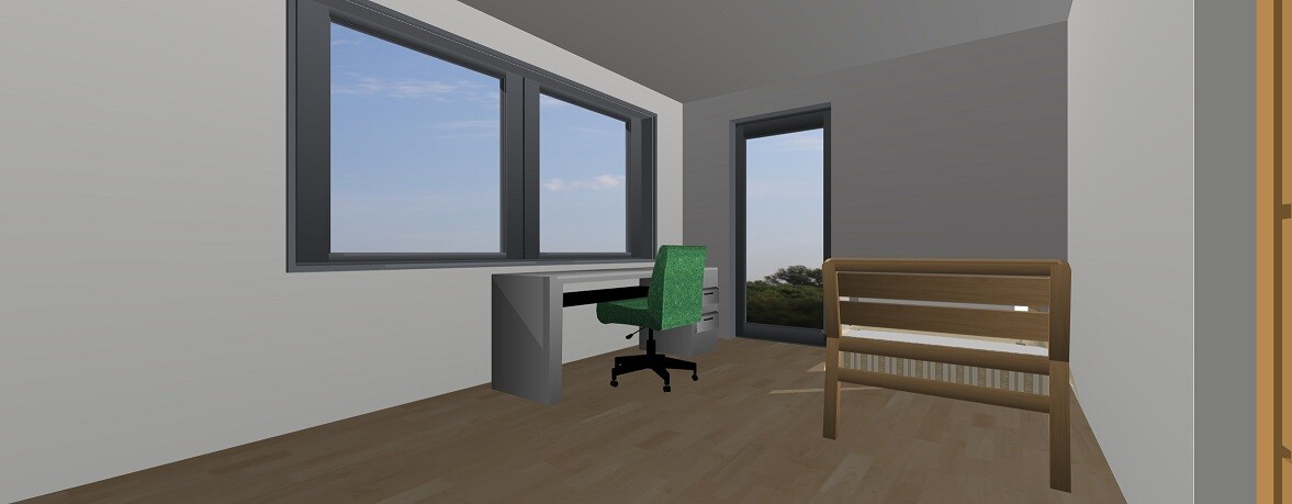 Moderne 3D-Schlafzimmer-Szene mit Bett, Schreibtisch, grünem Stuhl und Fensterfront.