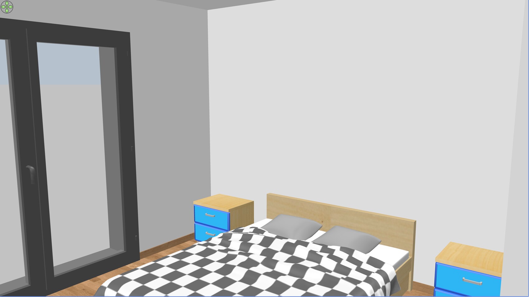 3D-Schlafzimmer mit Bett, zwei Nachttischen mit blauen Schubladen und Holzboden
