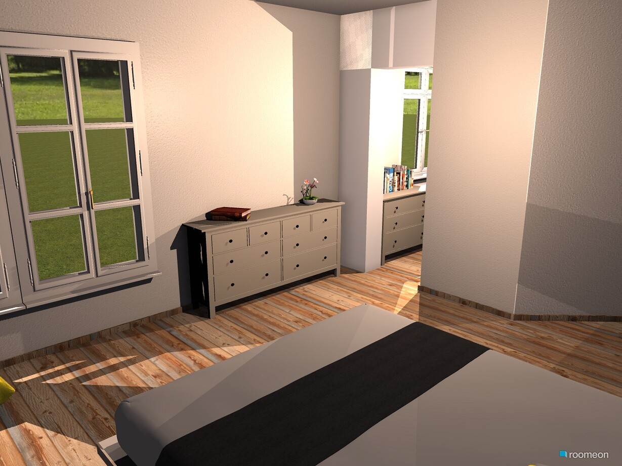 3D-Schlafzimmer mit Bett, Kommode, Holzdielenboden und Fenster