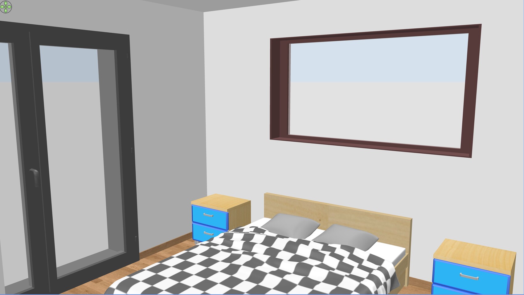 3D-Schlafzimmer mit Bett, zwei blauen Nachttischen, karierter Bettbezug und Fenster