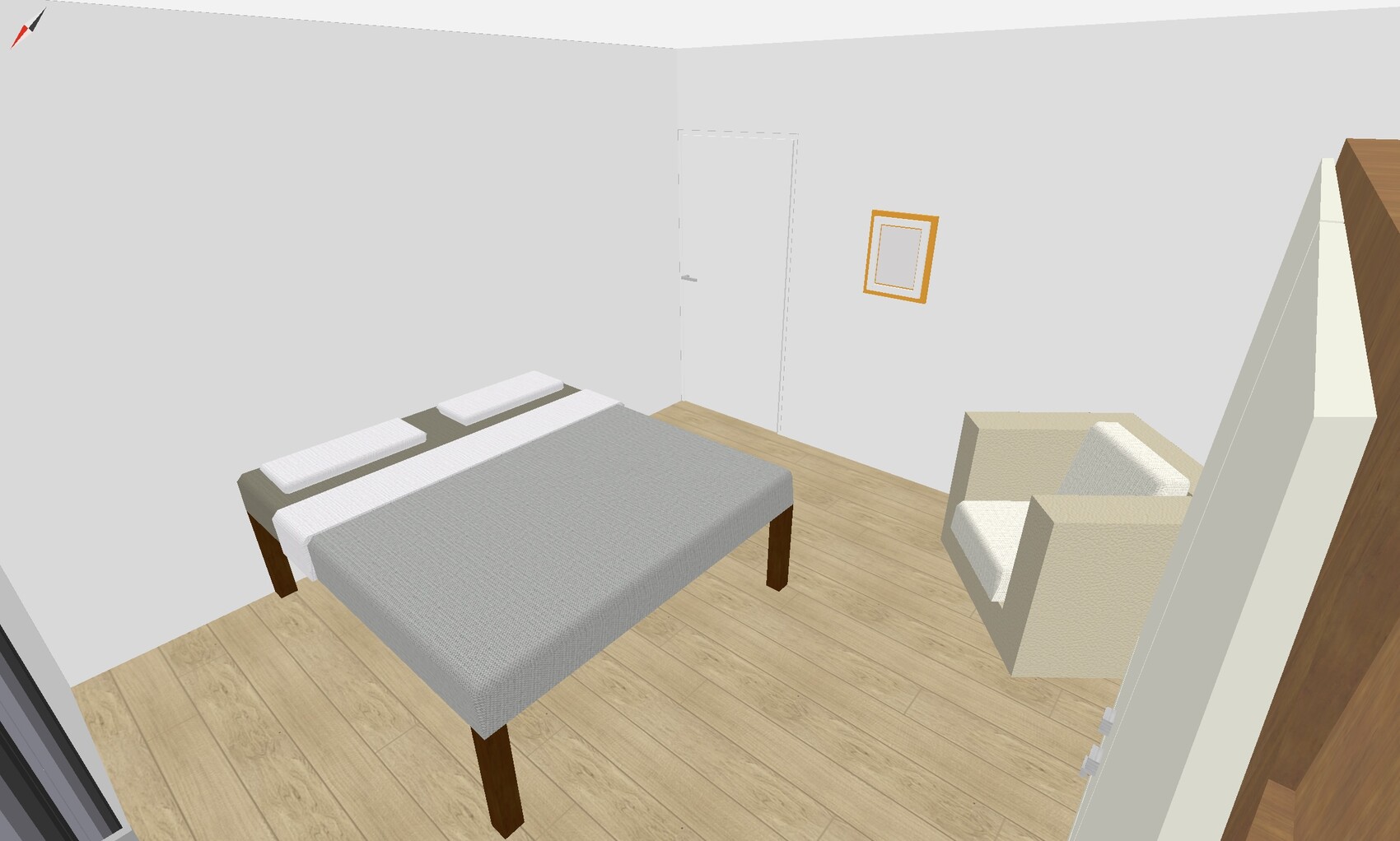 Minimalistisches Schlafzimmer mit Bett, Sessel, Wandbild, Tür und Holzboden.
