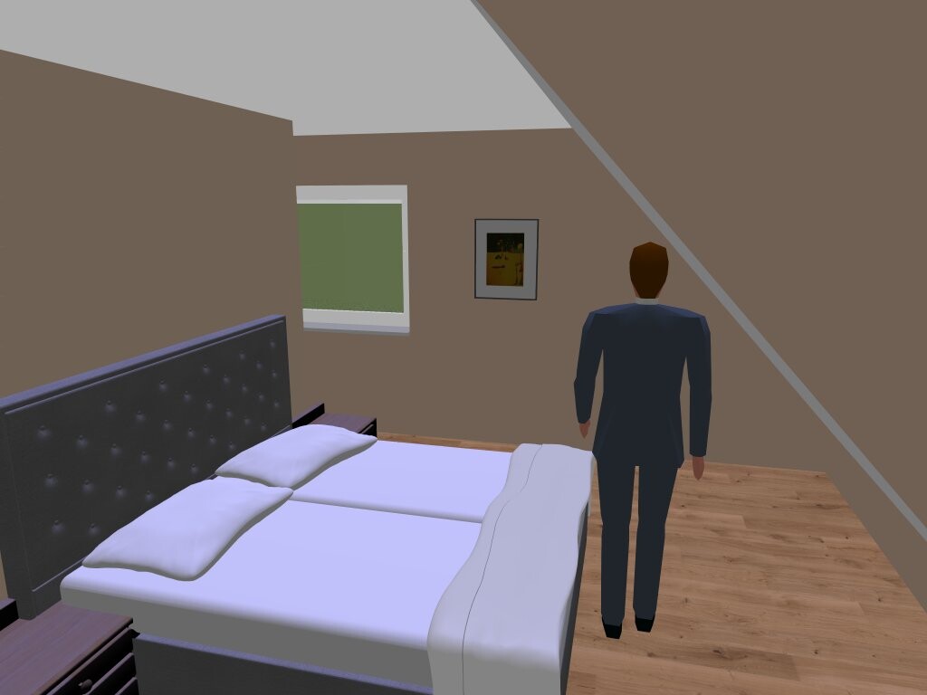 3D-Schlafzimmer: Mann im Anzug steht am Bett mit tuftigem Kopfteil, Fenster und Bild an der Wand