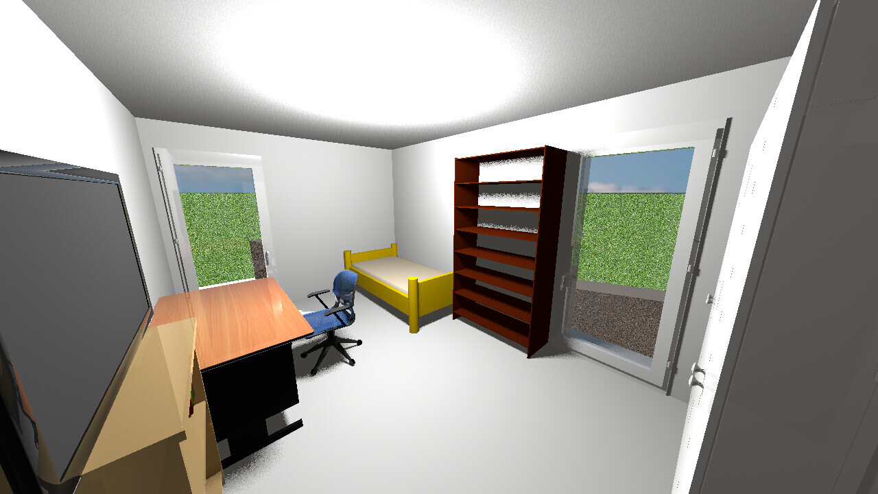 3D-Raum mit gelbem Bett, Schreibtisch und blauem Stuhl, Regal und Glas-Tür nach draußen.