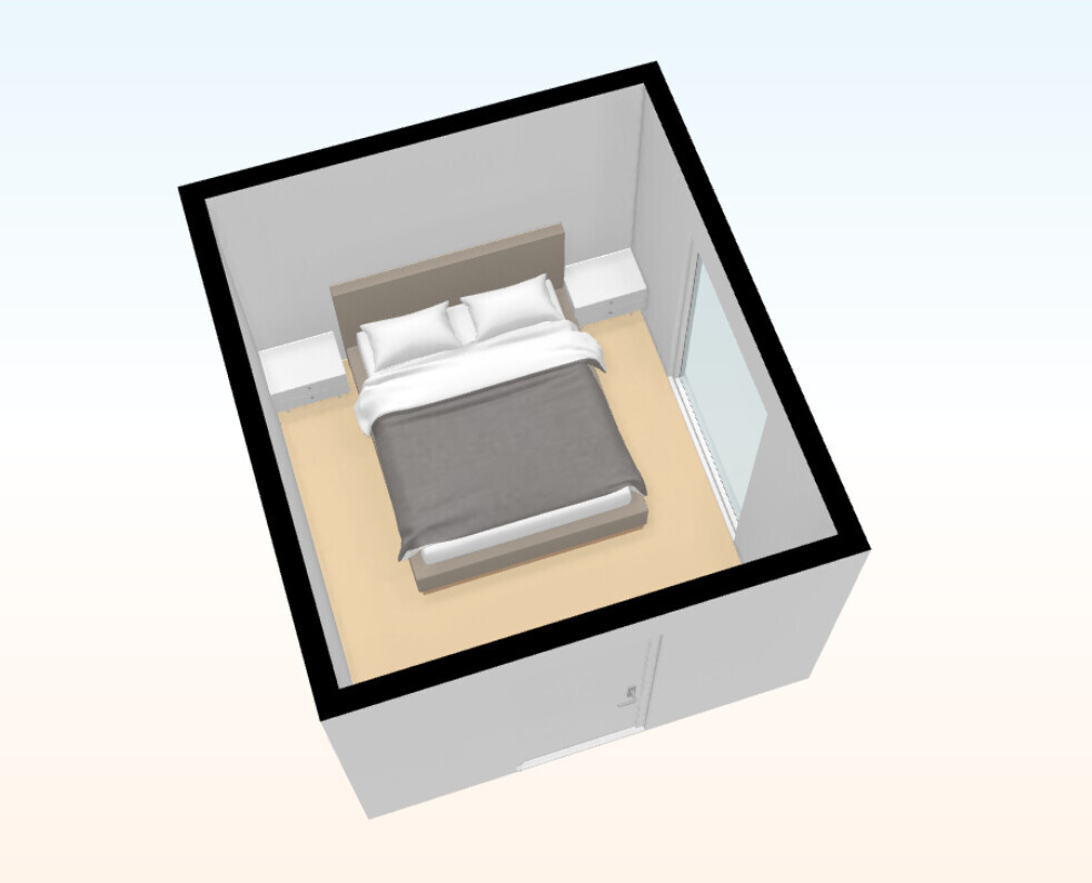 3D-Schlafzimmer: Bett in Mitte, graue Decke, weiße Bettwäsche, zwei Nachttische.
