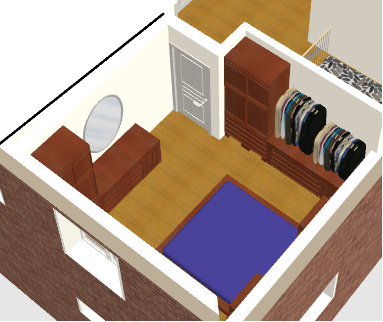 3D-Schlafzimmer mit Bett, Kleiderschränken, Spiegel und Holzfußboden