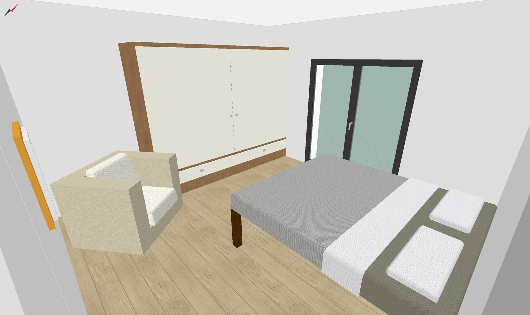 3D-Schlafzimmer: Bett, beiger Sessel, großer Kleiderschrank, Glas-Schiebetür.