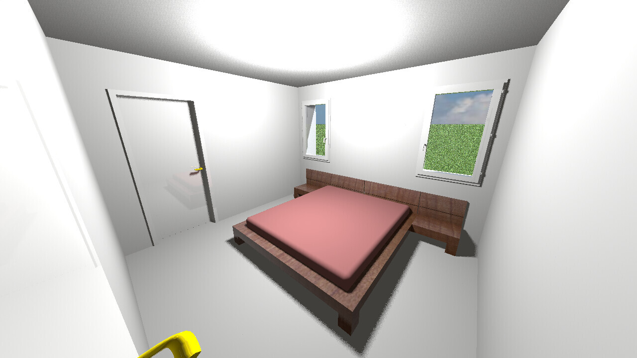 Schlafzimmer mit Holzplattformbett, rosa Decke, zwei Fenster mit Gartenblick, Tür links.