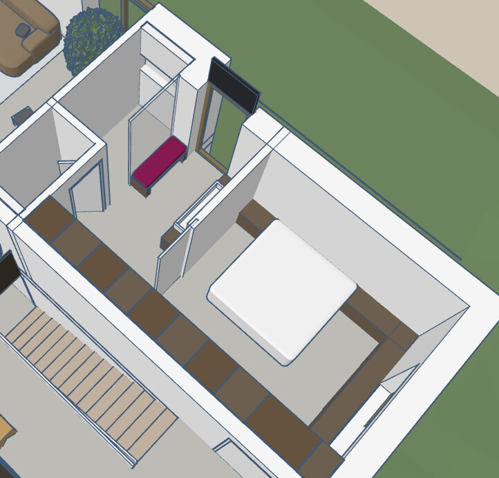 Isometrischer Grundriss: Schlafzimmer mit Bett, Kleiderschrank, Sitzbank und Flur