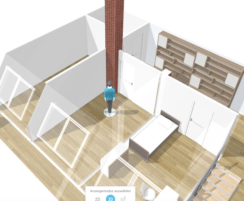 3D-Ansicht eines möblierten Zimmers: Eine Person steht am Ziegelpfeiler neben Bett und Regalwand.