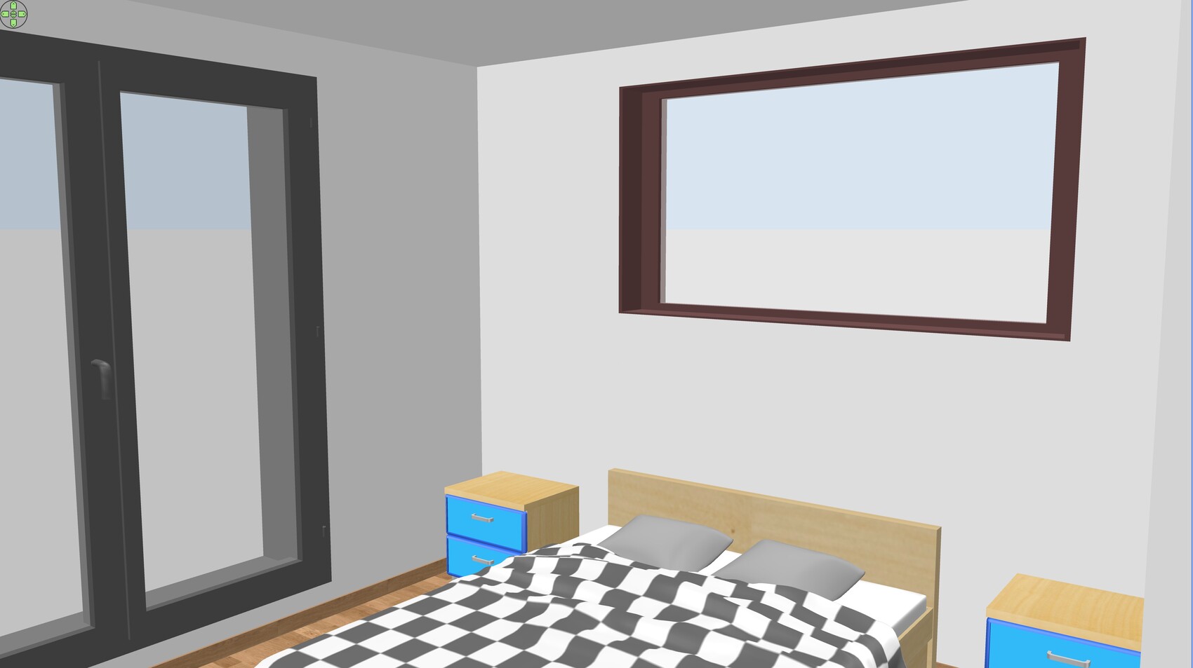 3D-Schlafzimmer mit Bett, Nachttischen, Fensterfront und Holzboden.