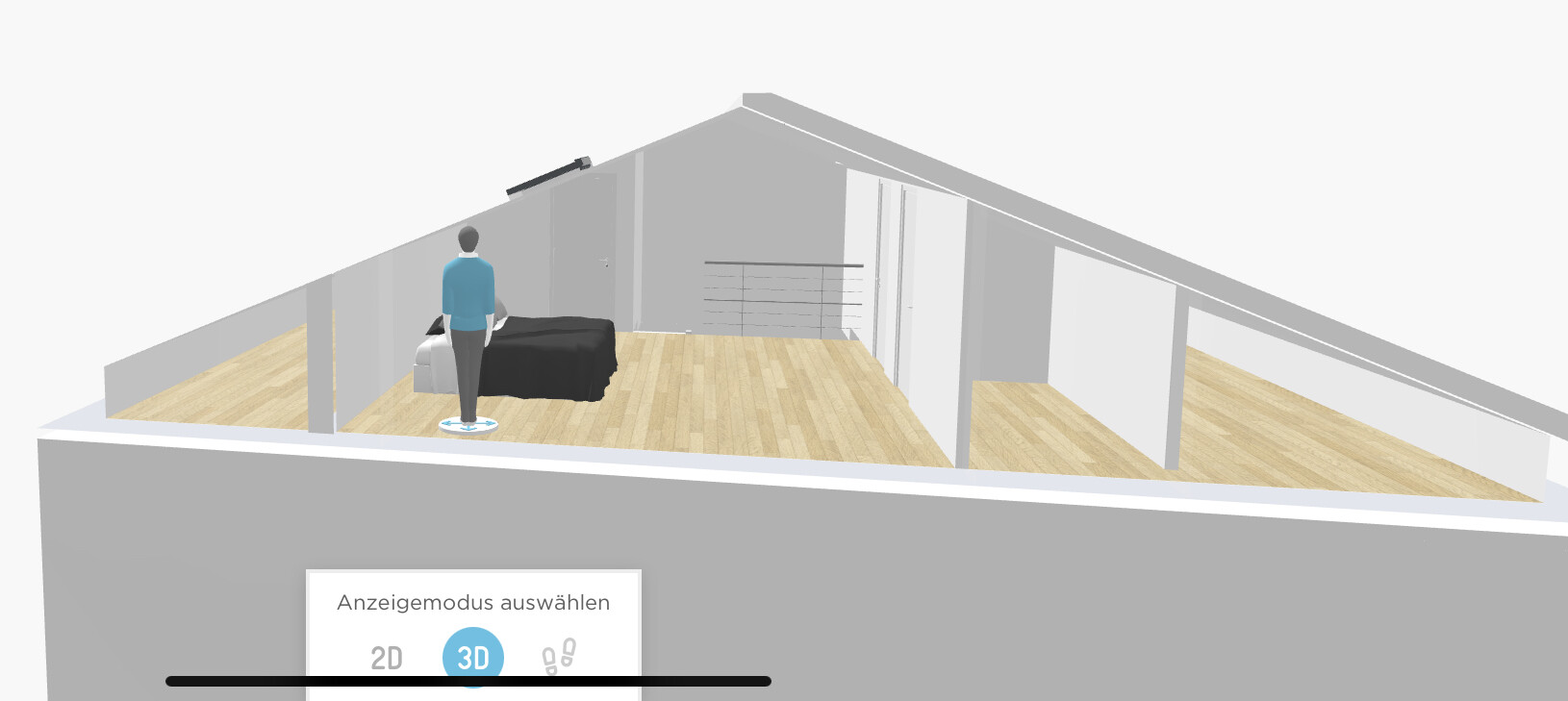3D-Rendering eines Loftzimmers mit Bett, stehender Person, Holzboden und Treppe.