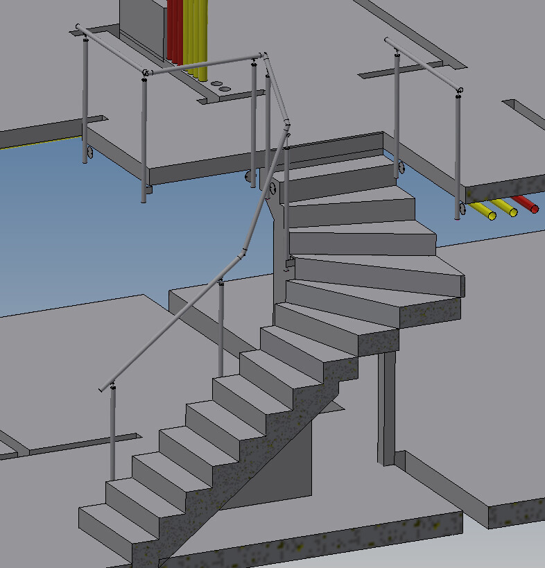 3D-Modell einer Treppe mit Geländern zu beiden Seiten, einer Plattform oben und farbigen Rohren im Hintergrund.