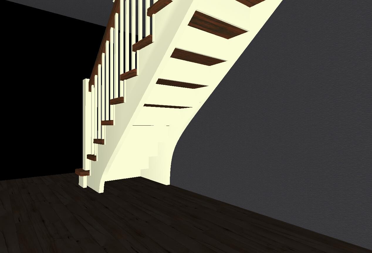 3D-Treppe mit Holzstufen und Geländer vor dunkler Innenwand