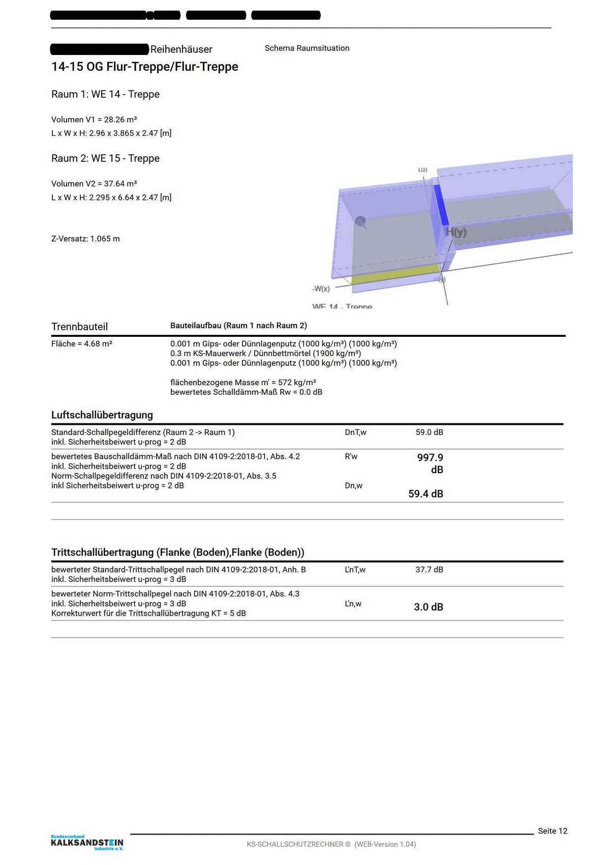 3D-Schema der Raumsituation: Treppenräume WE 14/WE 15 mit Abmessungen.