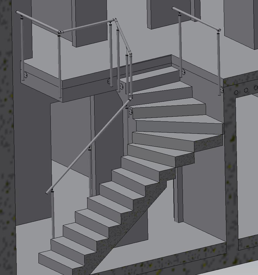 3D-Rendering einer Treppe mit Geländern und Plattform in einer Baustellenszene