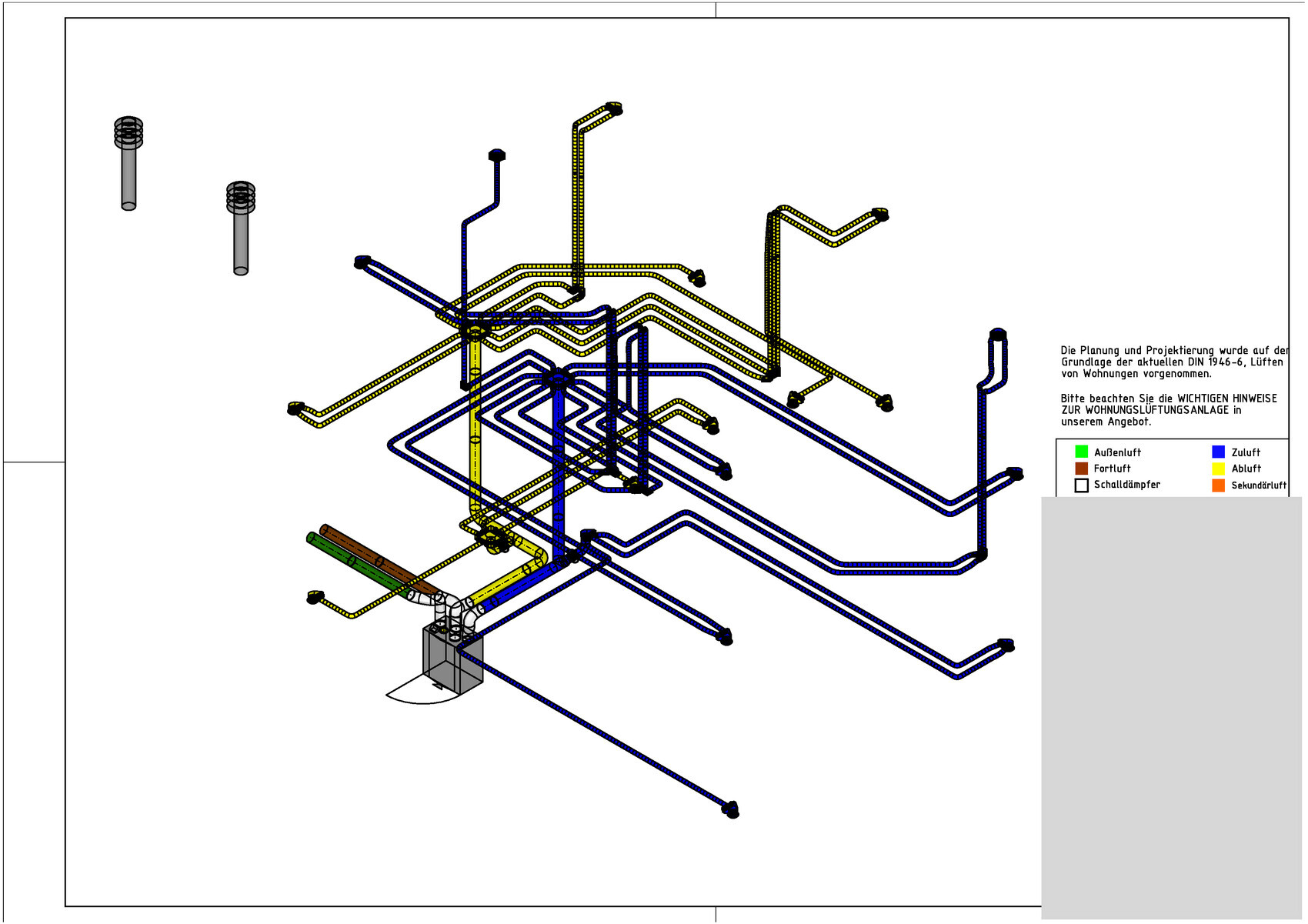 3D-Lüftungsdiagramm: farbcodierte Leitungen (blau Zuluft, gelb Abluft) um zentrale Lüftungsanlage.