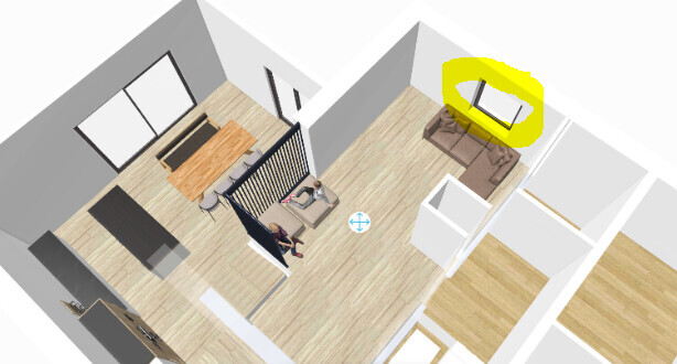 3D-Wohnzimmer-Ansicht eines Grundrisses mit Sofa und Fenster im Wohnbereich