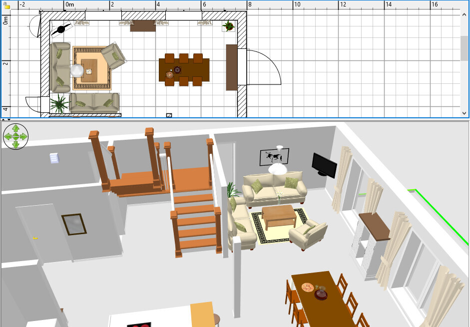 Wohn- und Esszimmer mit Sofa, Couchtisch, Treppe, Esstisch, TV und großen Fenstern