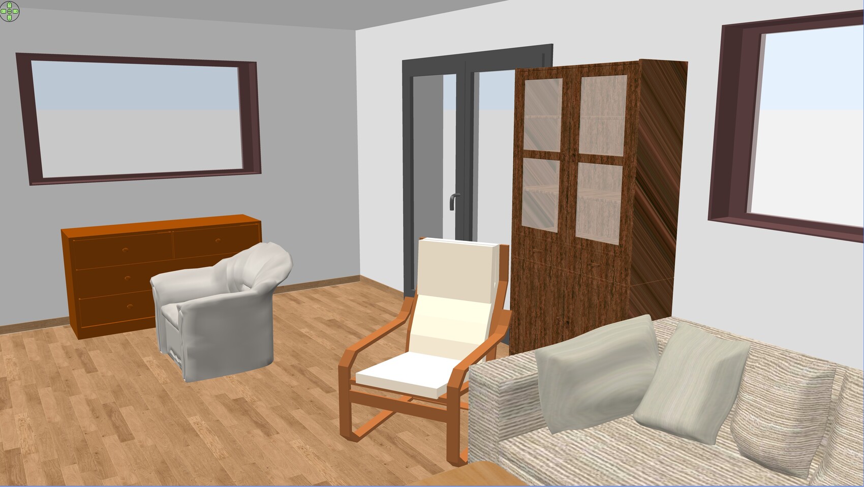 3D-gerendertes Wohnzimmer mit Sofa, Sessel, Holzschrank und Glastür